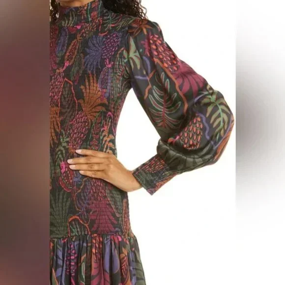 Farm Rio Frutis Dream Print Long Sleeve Black Smocked Mini Dress. SZ S - Picture 2 of 6